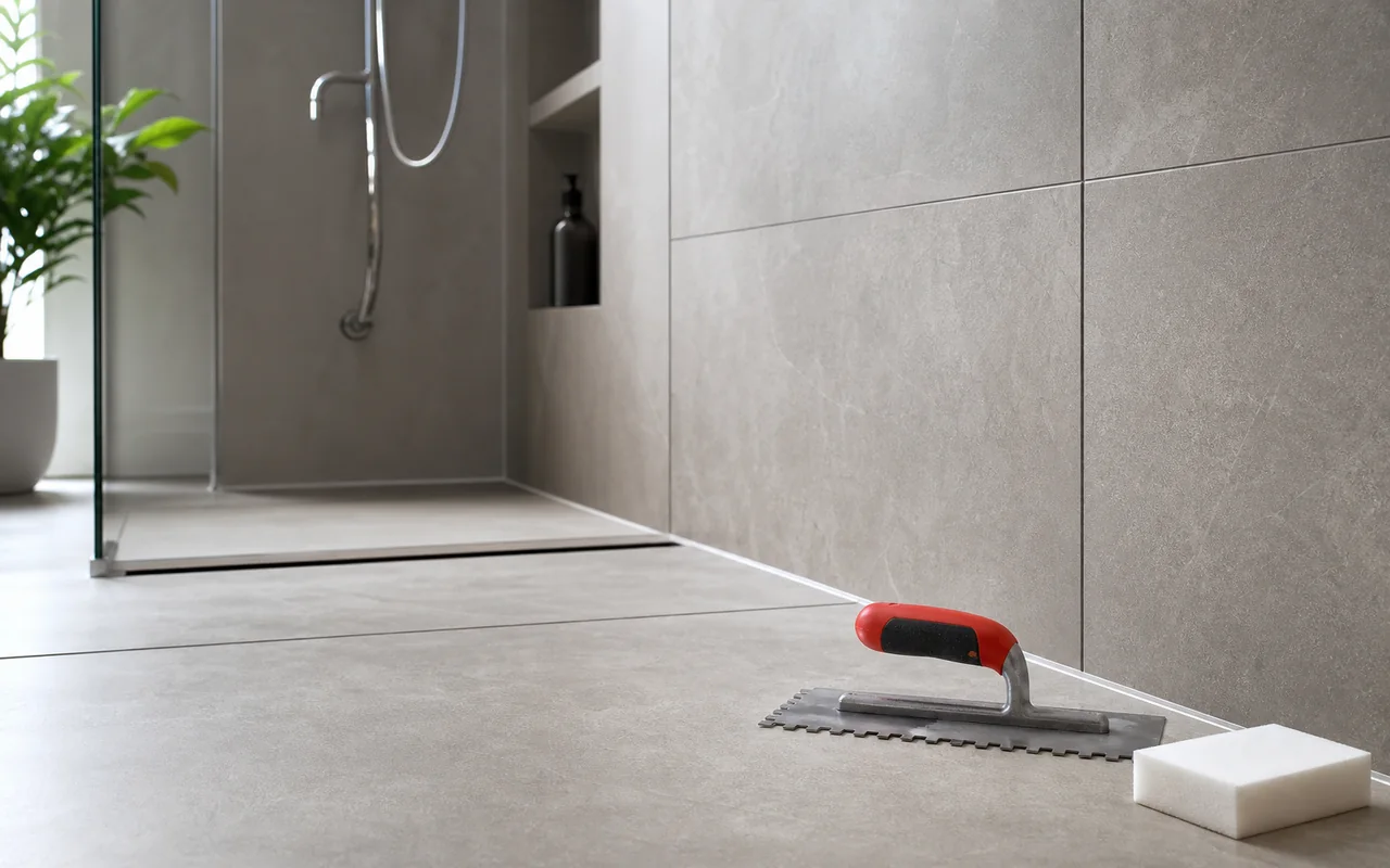Detailed large-format tile installation with clean grout lines