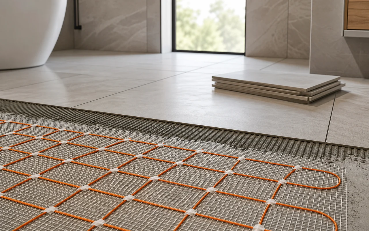 Neatly installed underfloor heating mat beneath bathroom tiles