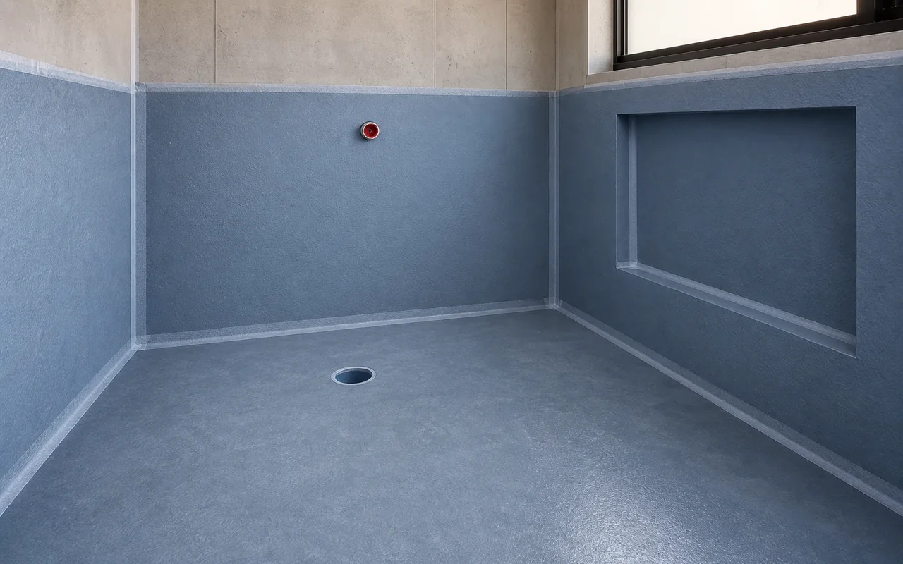 Clean bathroom wet area prepared with waterproofing membrane