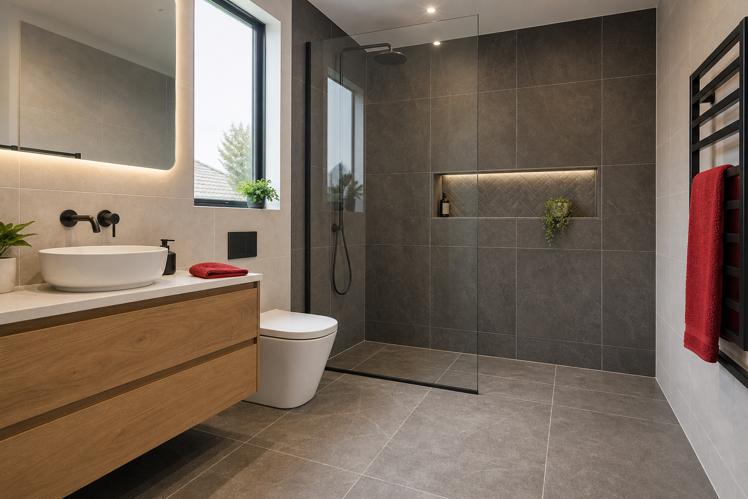 Modern tiled bathroom with walk-in shower and large format floor and wall tiles