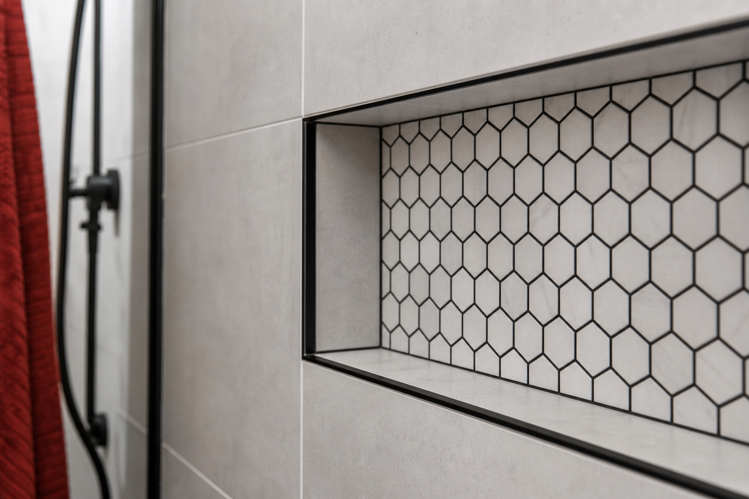 Close-up of shower niche tiling with black trim and crisp grout detail