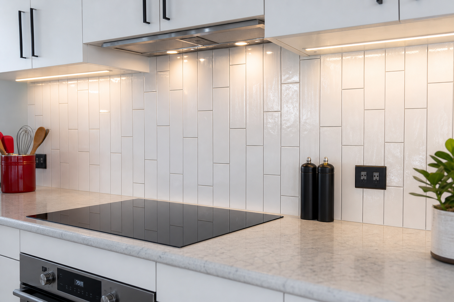 Modern kitchen splashback with precise tile layout and clean grout lines